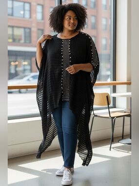 N by Nancy Black Embellished Open-Knit Poncho